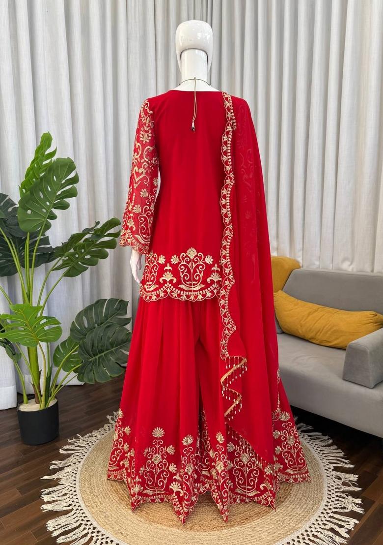 Red Embroidered Georgette Pakistani Suit Set - Indya