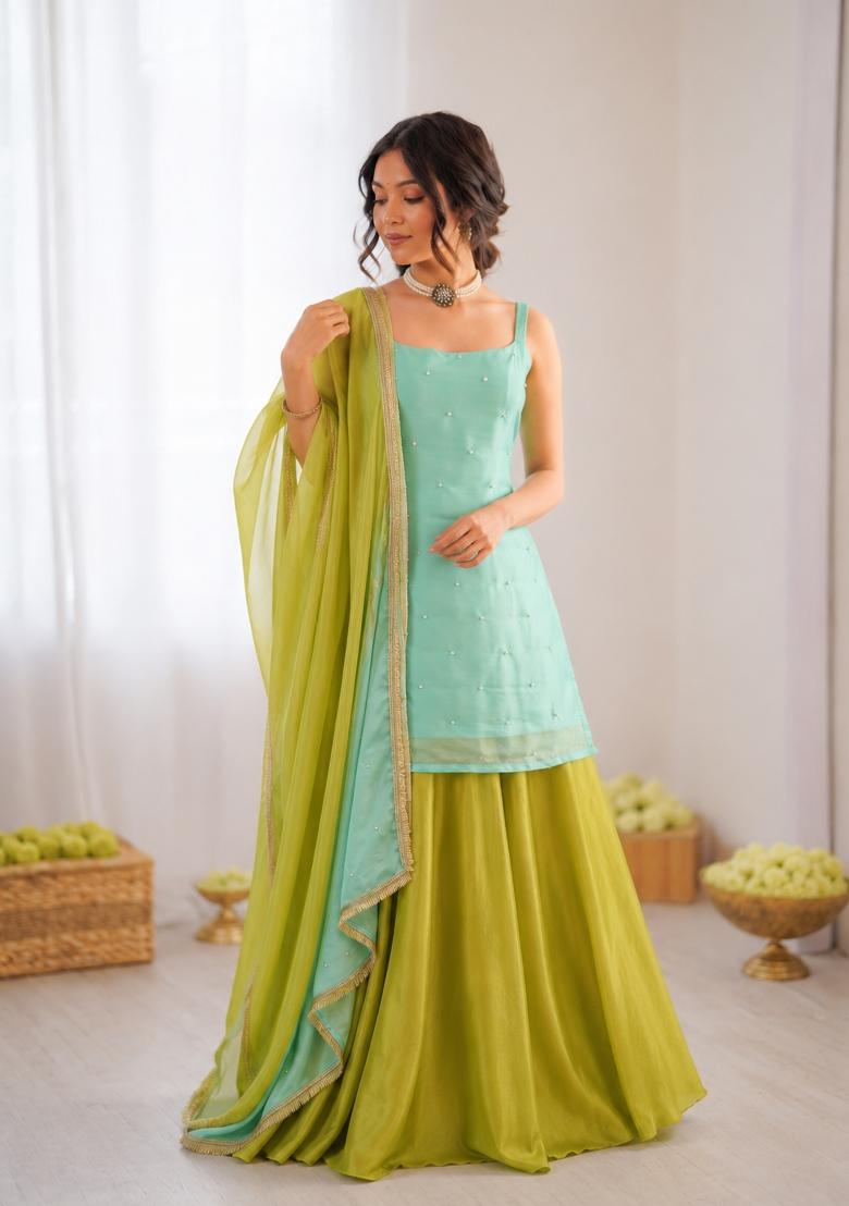 Light Lime Embroidered Silk Pakistani Suit Set - Indya