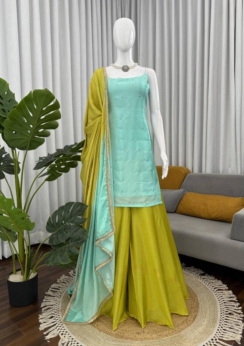 Light Lime Embroidered Silk Pakistani Suit Set - Indya