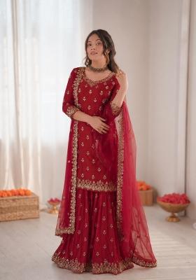 Maroon Embroidered Silk Pakistani Suit Set