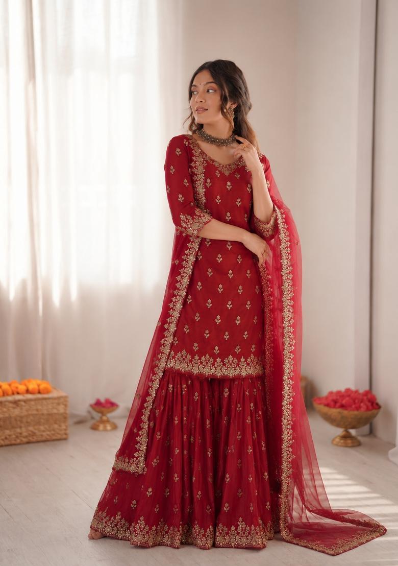 Maroon Embroidered Silk Pakistani Suit Set - Indya