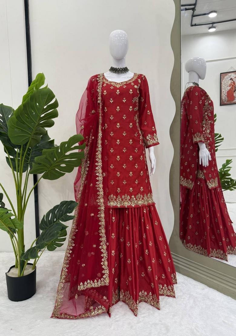 Maroon Embroidered Silk Pakistani Suit Set - Indya