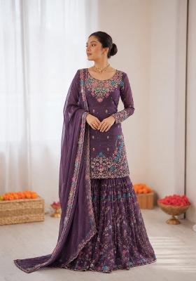 Purple Embroidered Silk Pakistani Suit Set