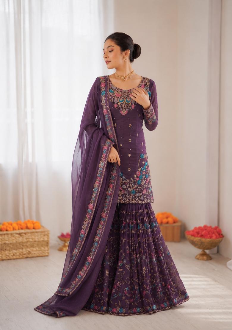 Purple Embroidered Silk Pakistani Suit Set - Indya