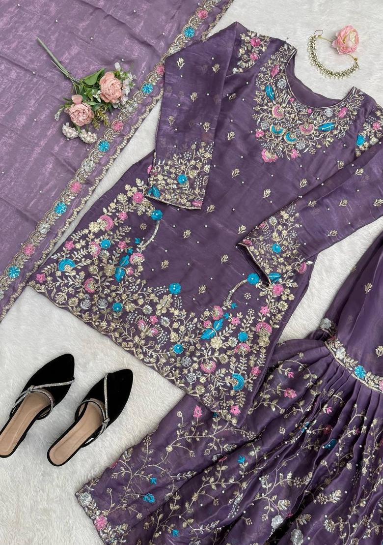 Purple Embroidered Silk Pakistani Suit Set - Indya