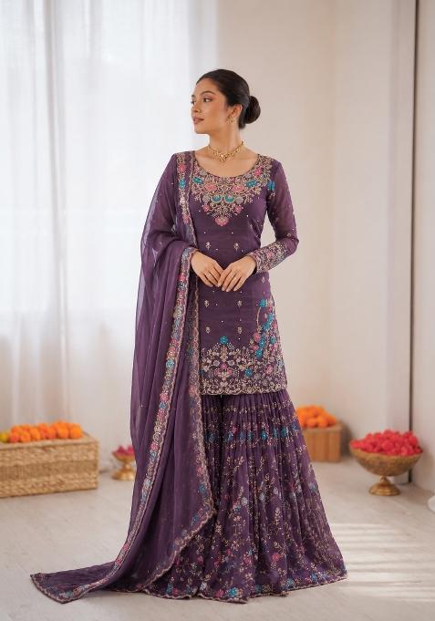 Purple Embroidered Silk Pakistani Suit Set