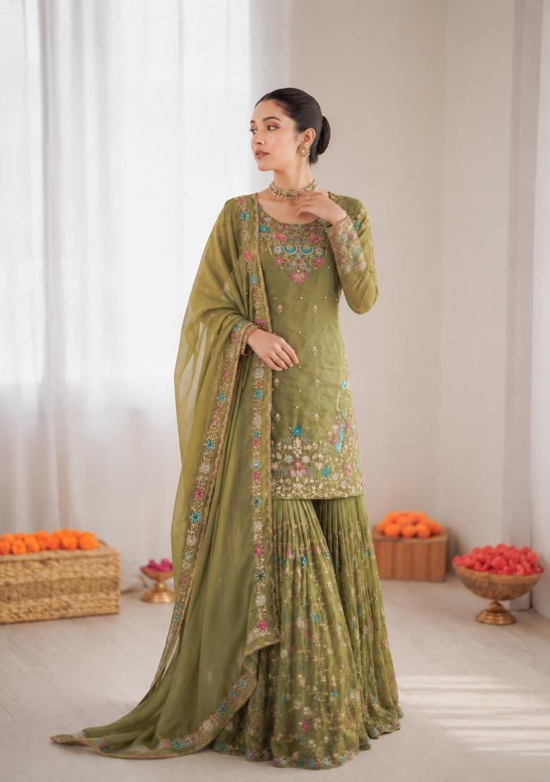Mehendi Embroidered Silk Pakistani Suit Set - Indya