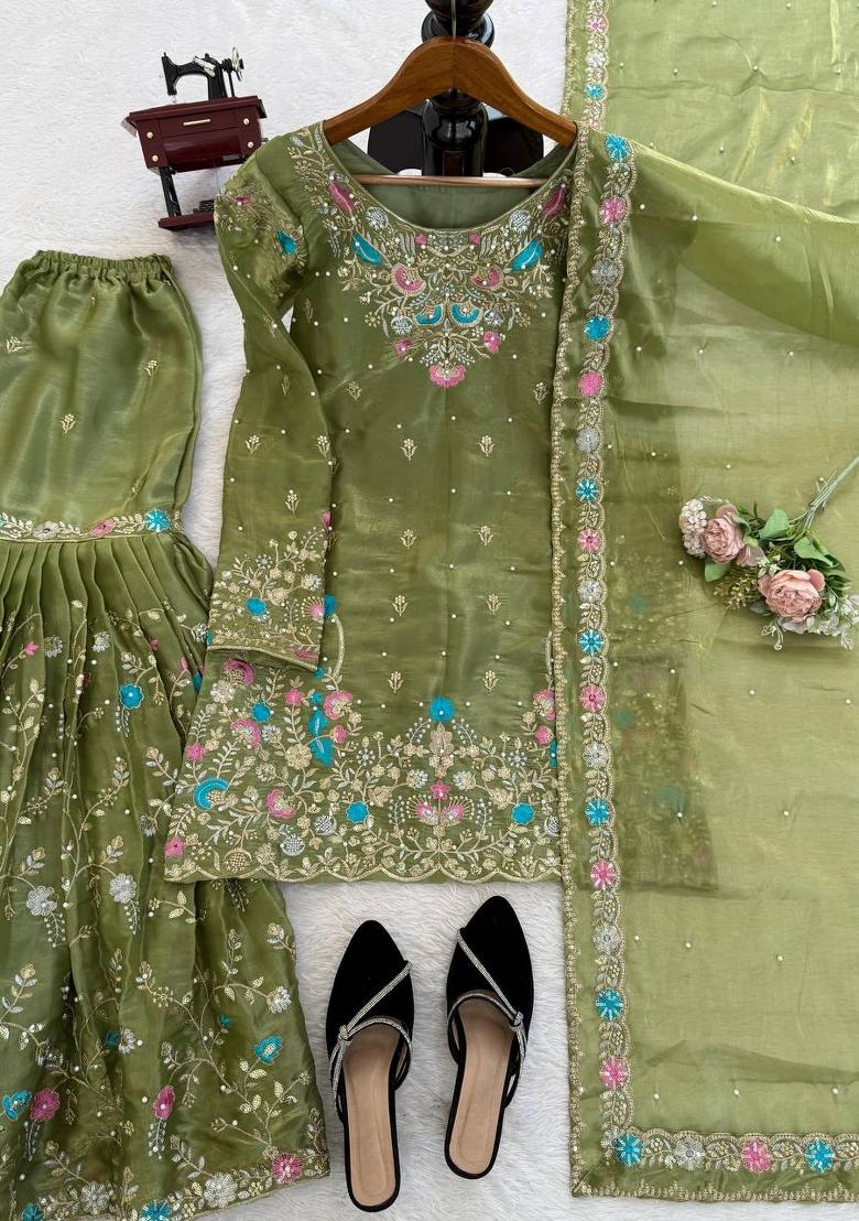 Mehendi Embroidered Silk Pakistani Suit Set - Indya