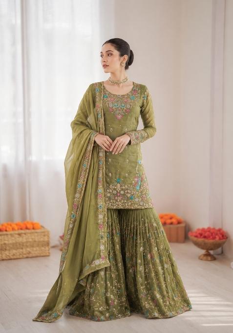 Mehendi Embroidered Silk Pakistani Suit Set