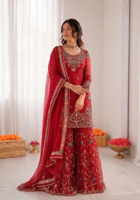 Red Embroidered Silk Pakistani Suit Set