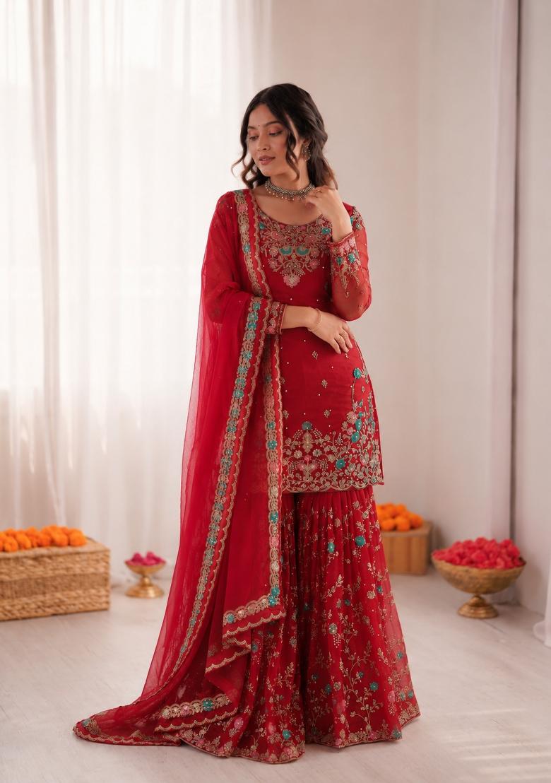 Red Embroidered Silk Pakistani Suit Set - Indya
