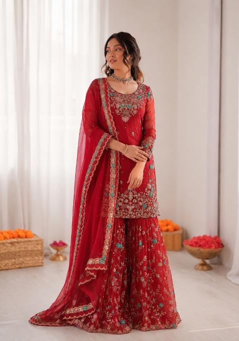 Red Embroidered Silk Pakistani Suit Set