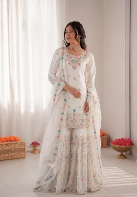 Off White Embroidered Silk Pakistani Suit Set