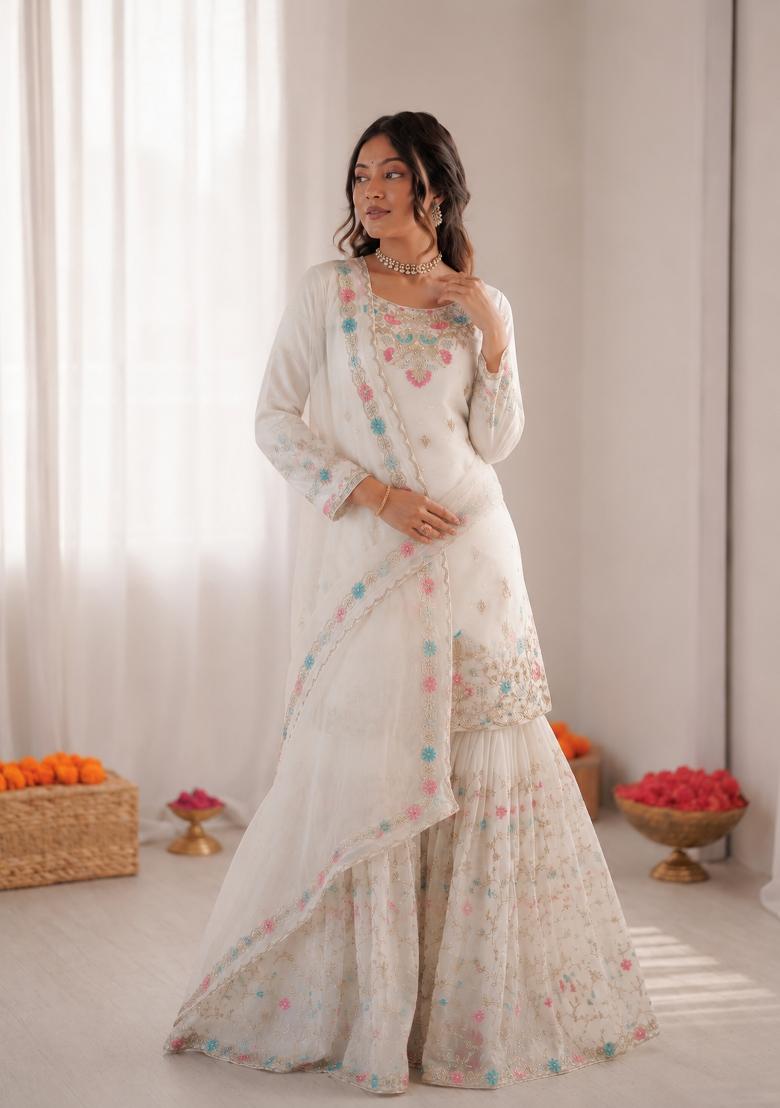Off White Embroidered Silk Pakistani Suit Set - Indya