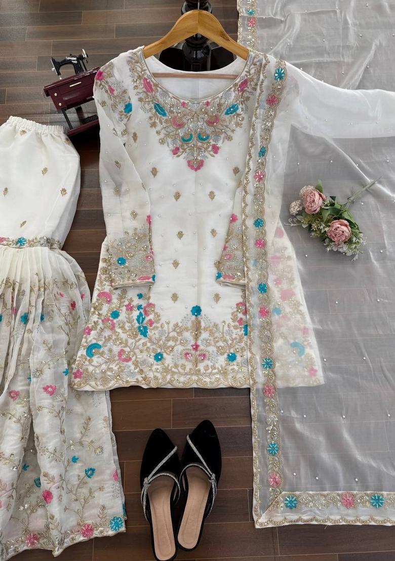 Off White Embroidered Silk Pakistani Suit Set - Indya