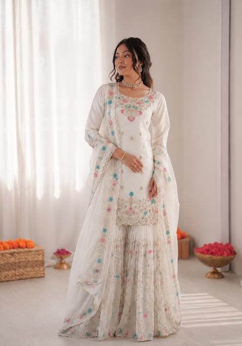 Off White Embroidered Silk Pakistani Suit Set