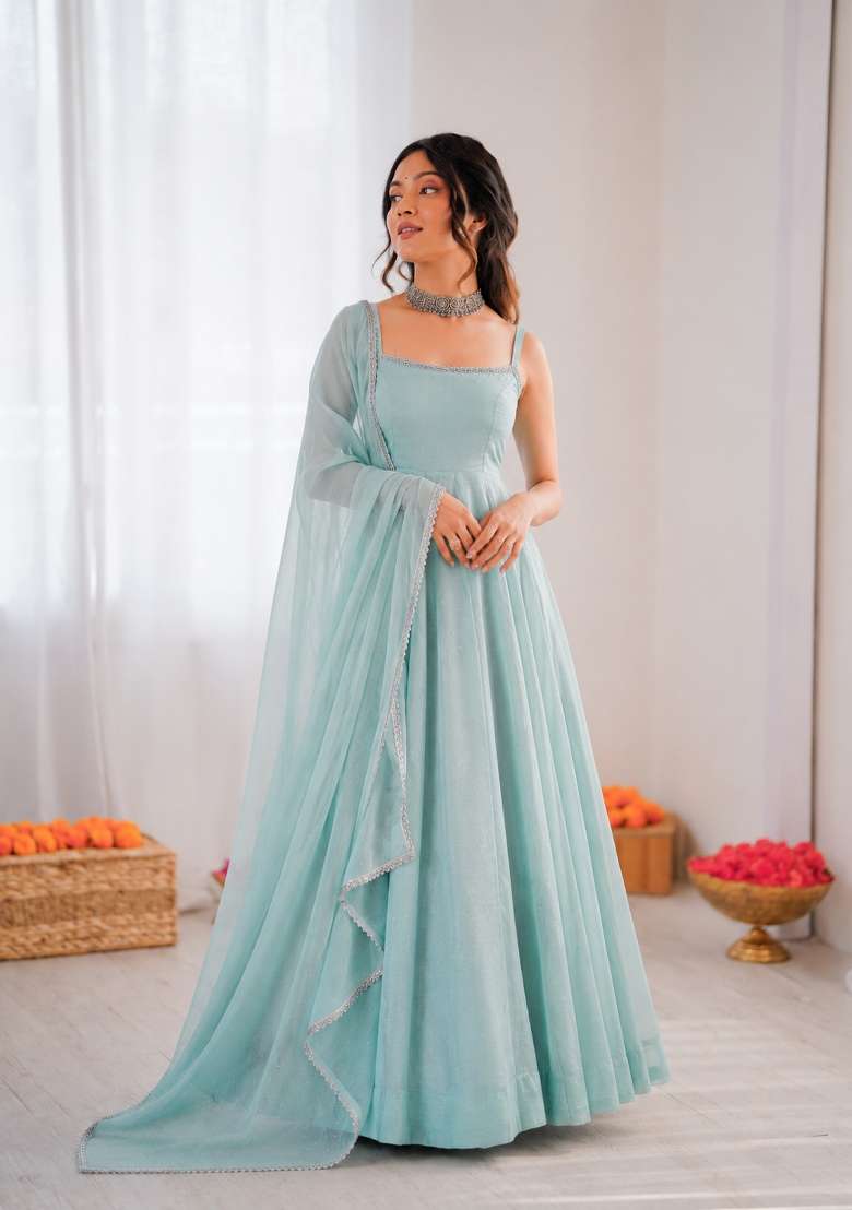 Sky Blue Silk Blend Anarkali Set - Indya