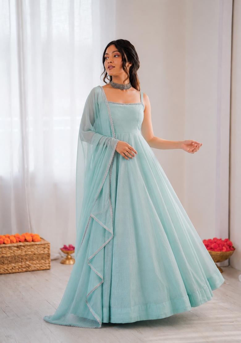 Sky Blue Silk Blend Anarkali Set - Indya
