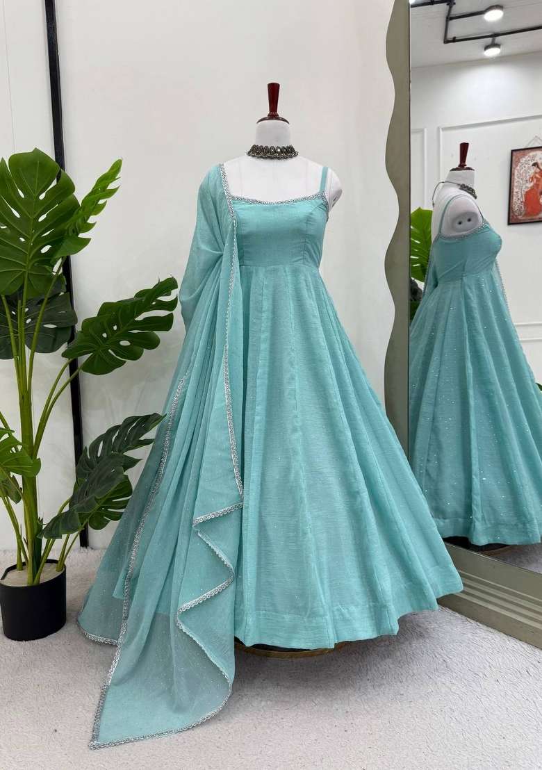 Sky Blue Silk Blend Anarkali Set - Indya
