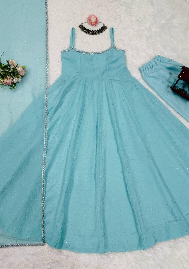 Sky Blue Silk Blend Anarkali Set - Indya
