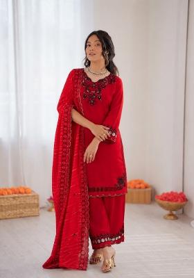 Red Embroidered Silk Pakistani Suit Set
