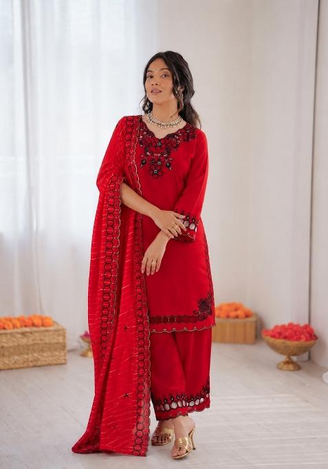 Red Embroidered Silk Pakistani Suit Set