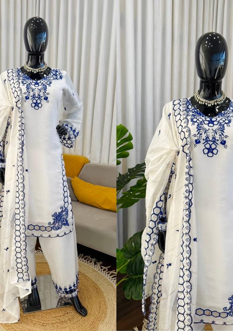 Off White Embroidered Silk Pakistani Suit Set - Indya