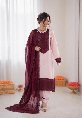 Wine Embroidered Crepe Pakistani Suit Set