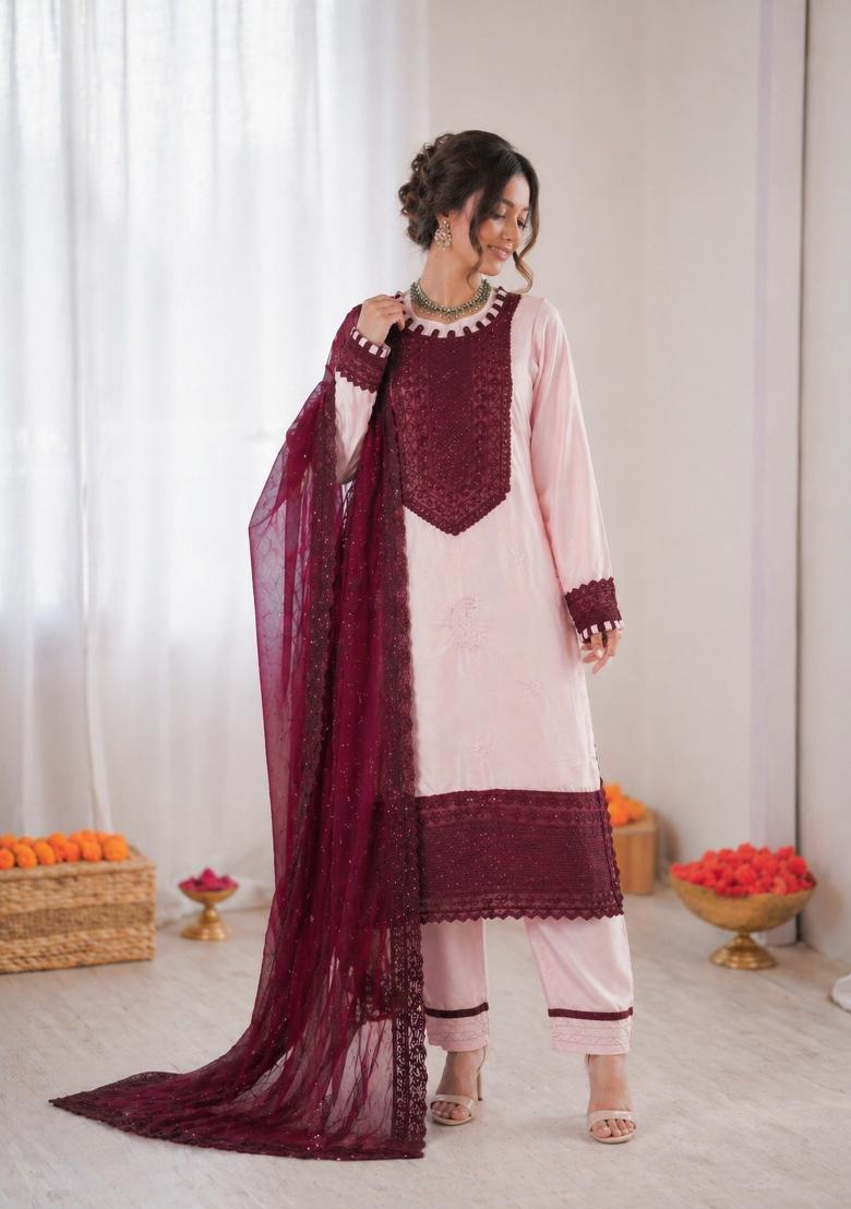 Wine Embroidered Crepe Pakistani Suit Set - Indya