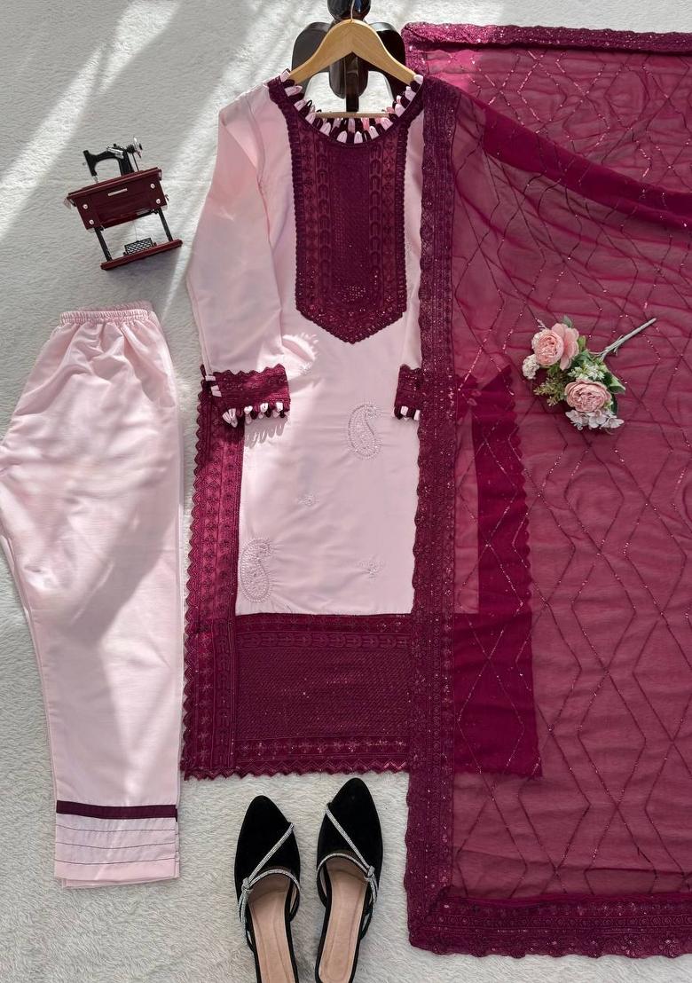 Wine Embroidered Crepe Pakistani Suit Set - Indya