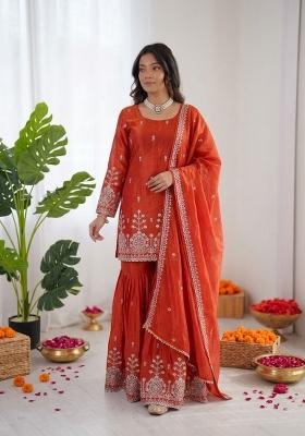 Orange Embroidered Silk Pakistani Suit Set