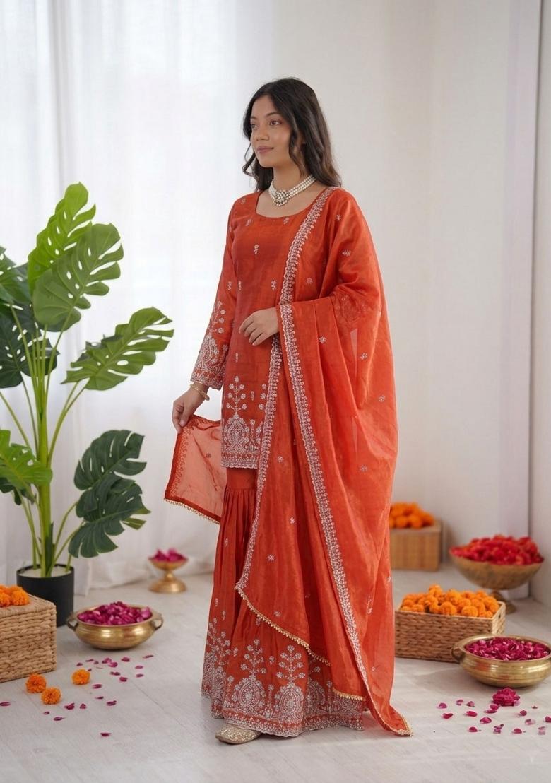 Orange Embroidered Silk Pakistani Suit Set - Indya