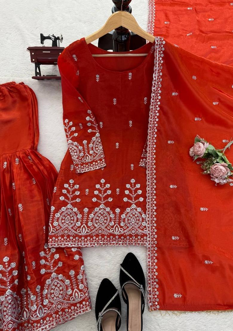 Orange Embroidered Silk Pakistani Suit Set - Indya