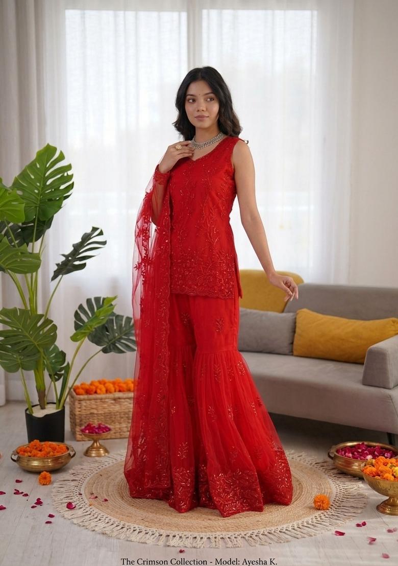 Red Embroidered Net Pakistani Suit Set - Indya
