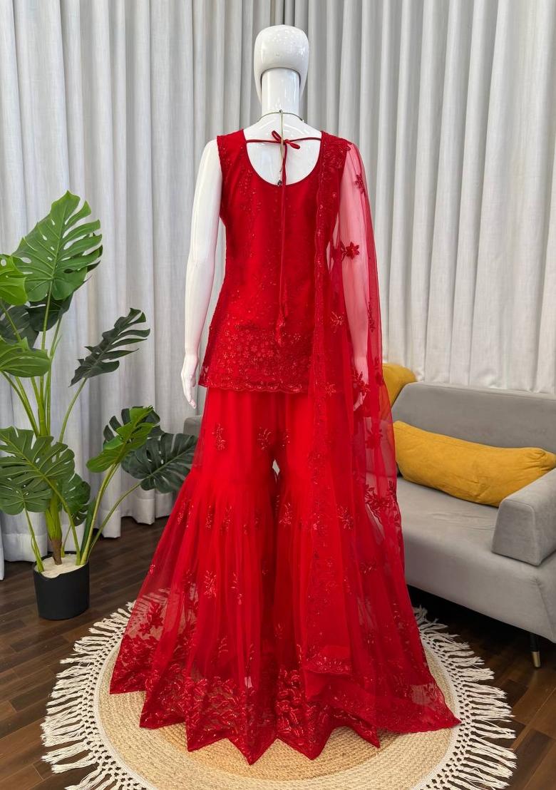 Red Embroidered Net Pakistani Suit Set - Indya