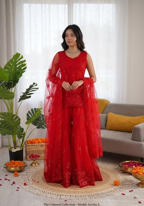 Red Embroidered Net Pakistani Suit Set