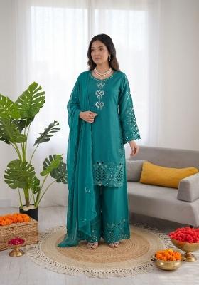 Teal Embroidered Crepe Pakistani Suit Set