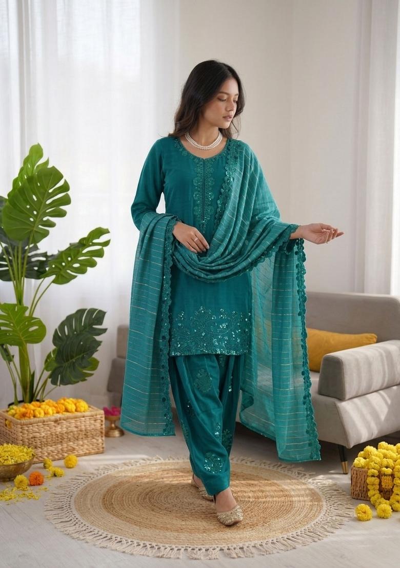 Teal Embroidered Silk Pakistani Suit Set - Indya