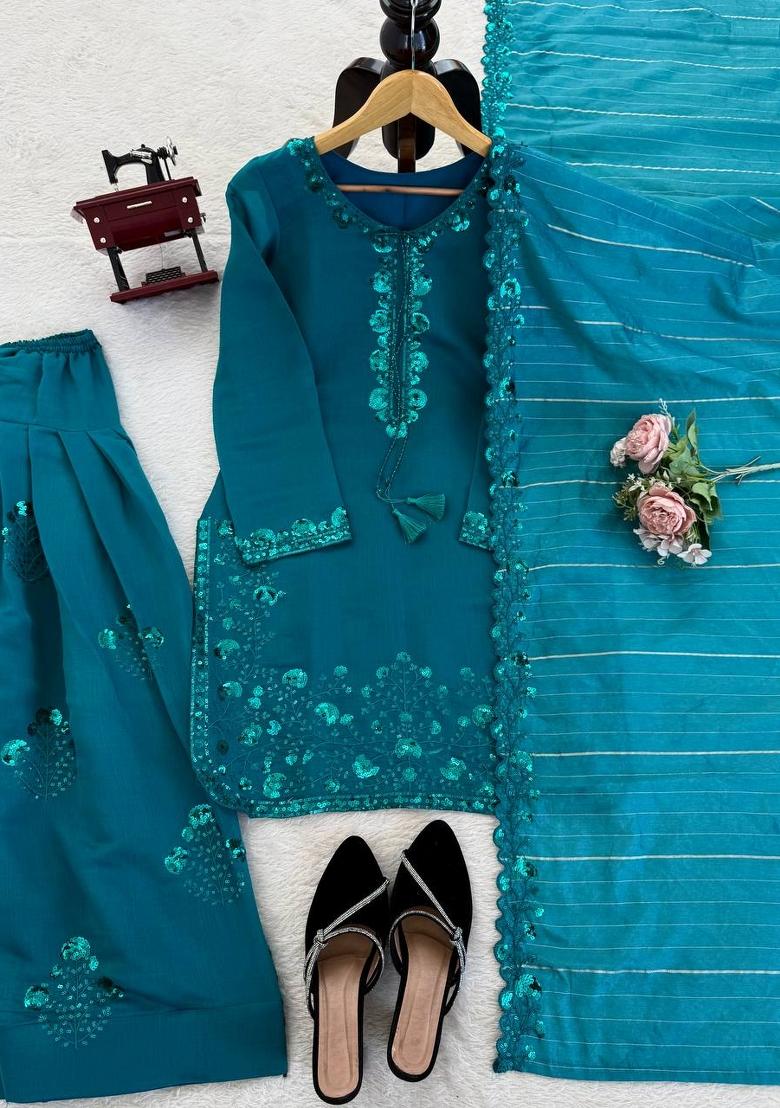 Teal Embroidered Silk Pakistani Suit Set - Indya