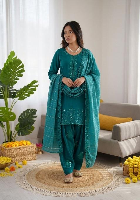 Teal Embroidered Silk Pakistani Suit Set
