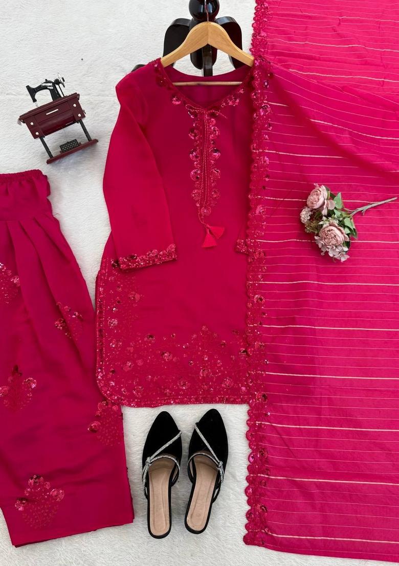 Pink Embroidered Silk Pakistani Suit Set - Indya