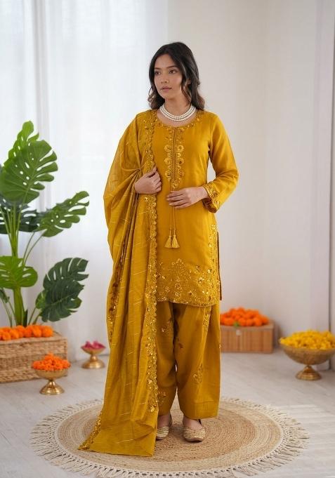 Yellow Embroidered Silk Pakistani Suit Set