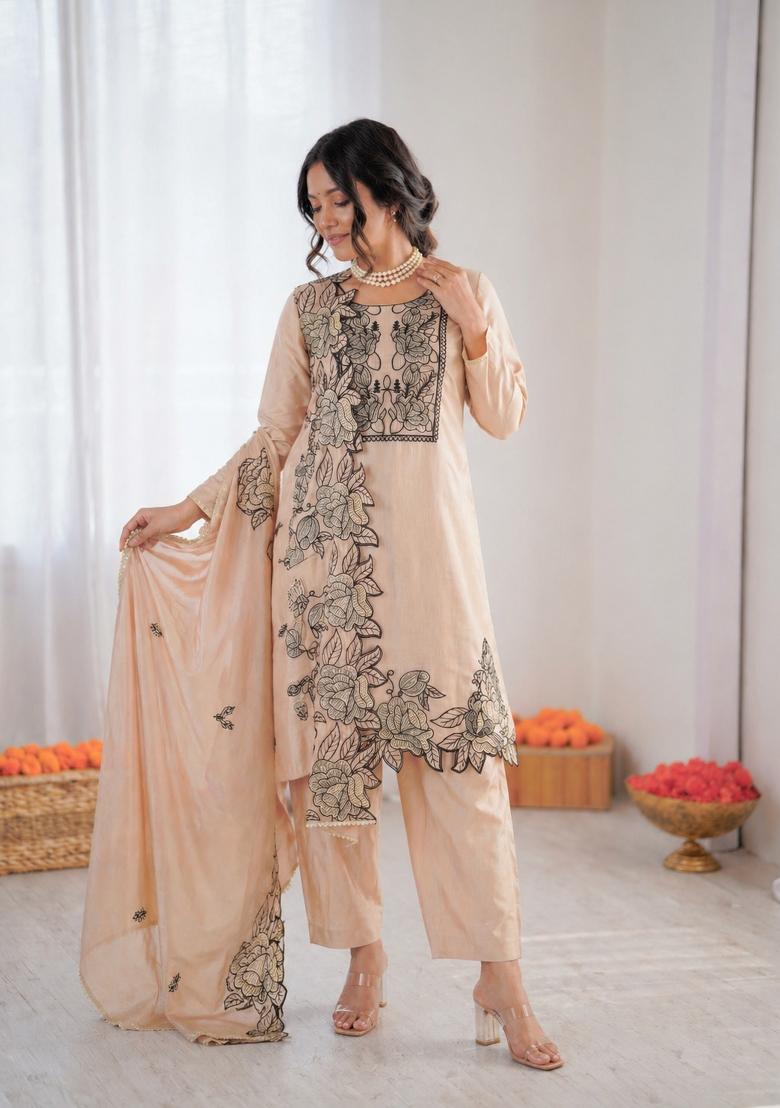 Light Peach Embroidered Silk Pakistani Suit Set - Indya