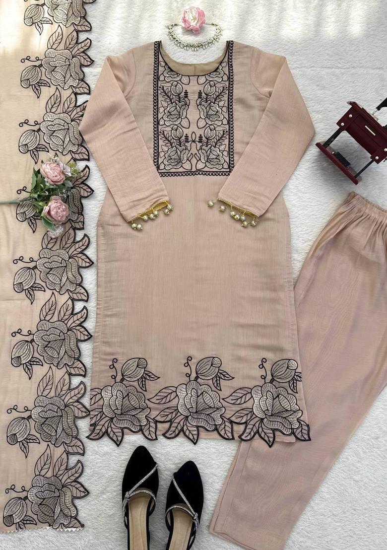 Light Peach Embroidered Silk Pakistani Suit Set - Indya