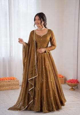 Olive Embroidered Silk Blend Anarkali Set