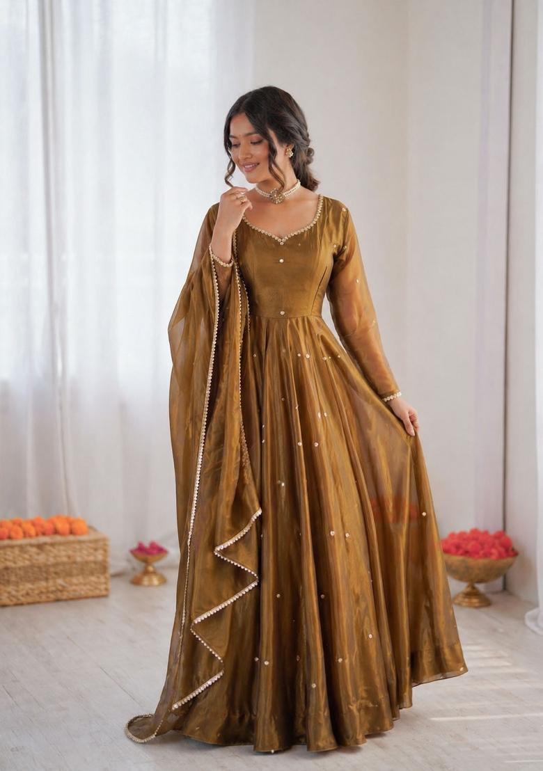 Olive Embroidered Silk Blend Anarkali Set - Indya