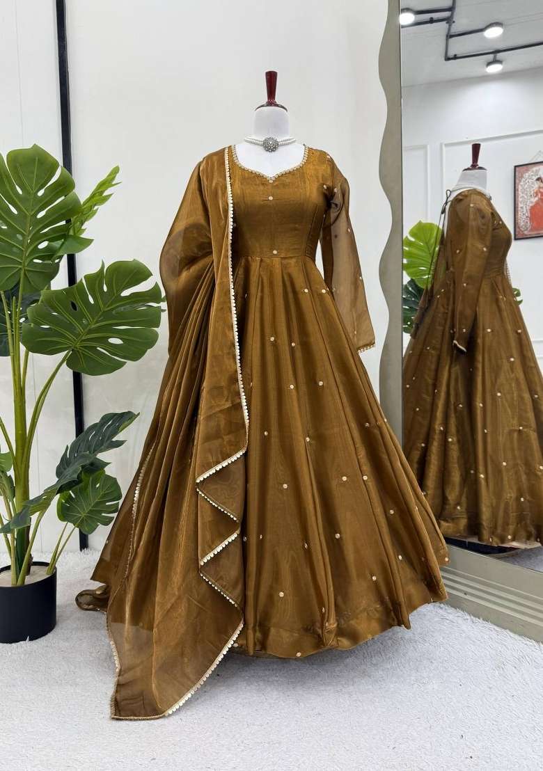 Olive Embroidered Silk Blend Anarkali Set - Indya