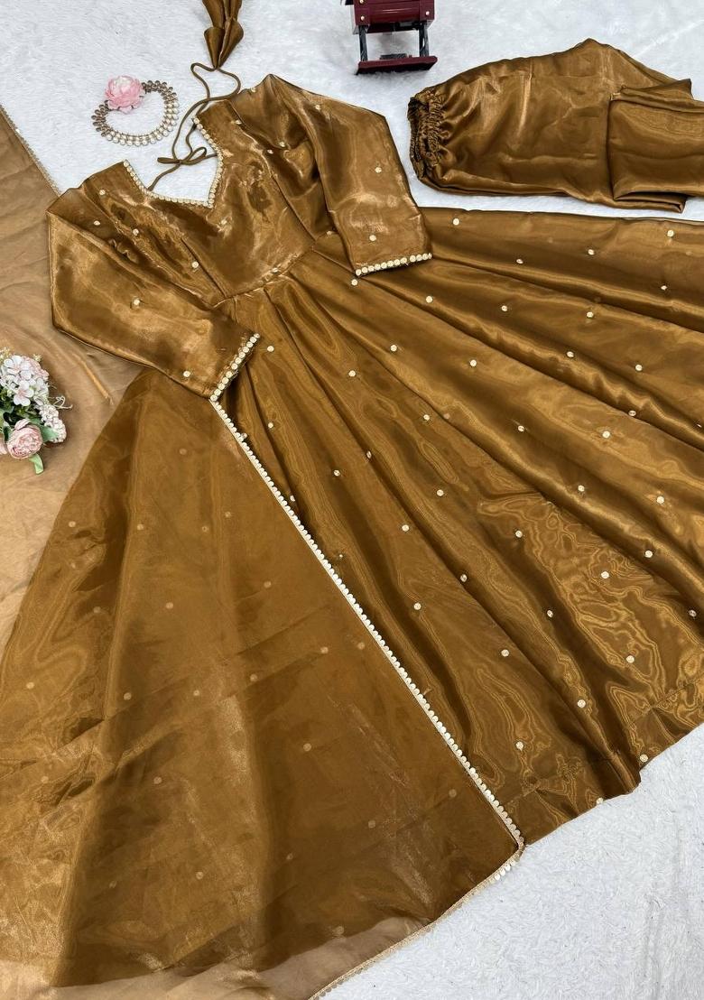 Olive Embroidered Silk Blend Anarkali Set - Indya
