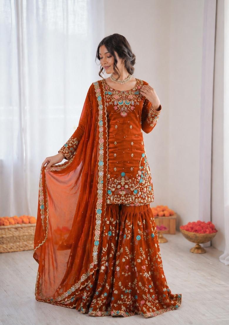 Orange Embroidered Silk Pakistani Suit Set - Indya