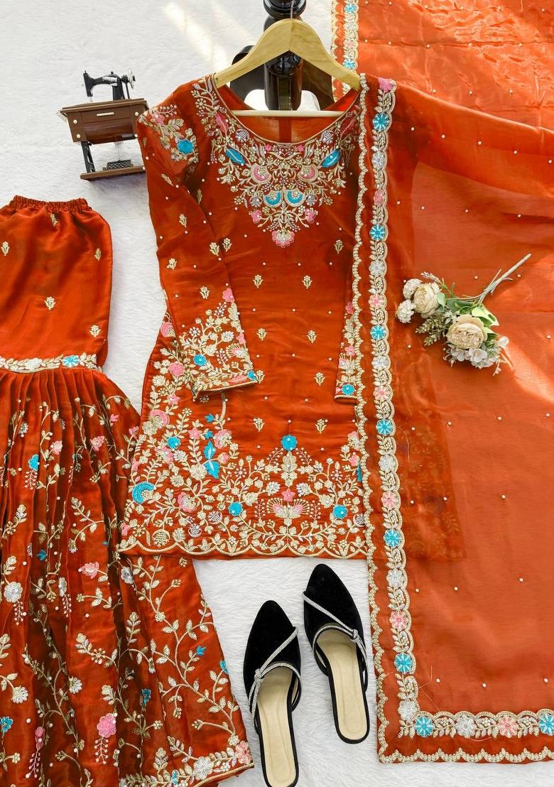 Orange Embroidered Silk Pakistani Suit Set - Indya